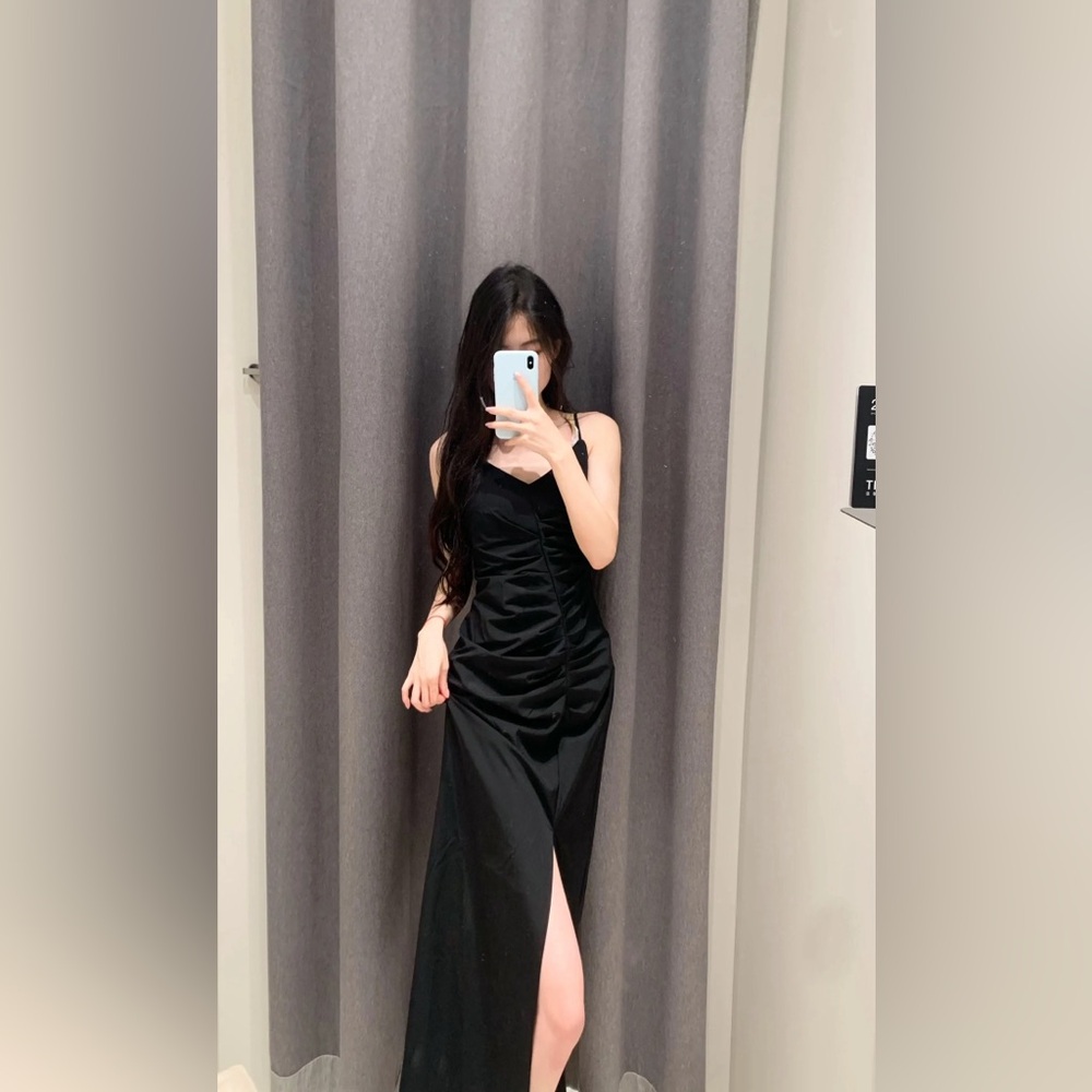 New with Tags Zara Black Midi Ruched Satin Dress with Slit Size XS - Picture 13 of 13